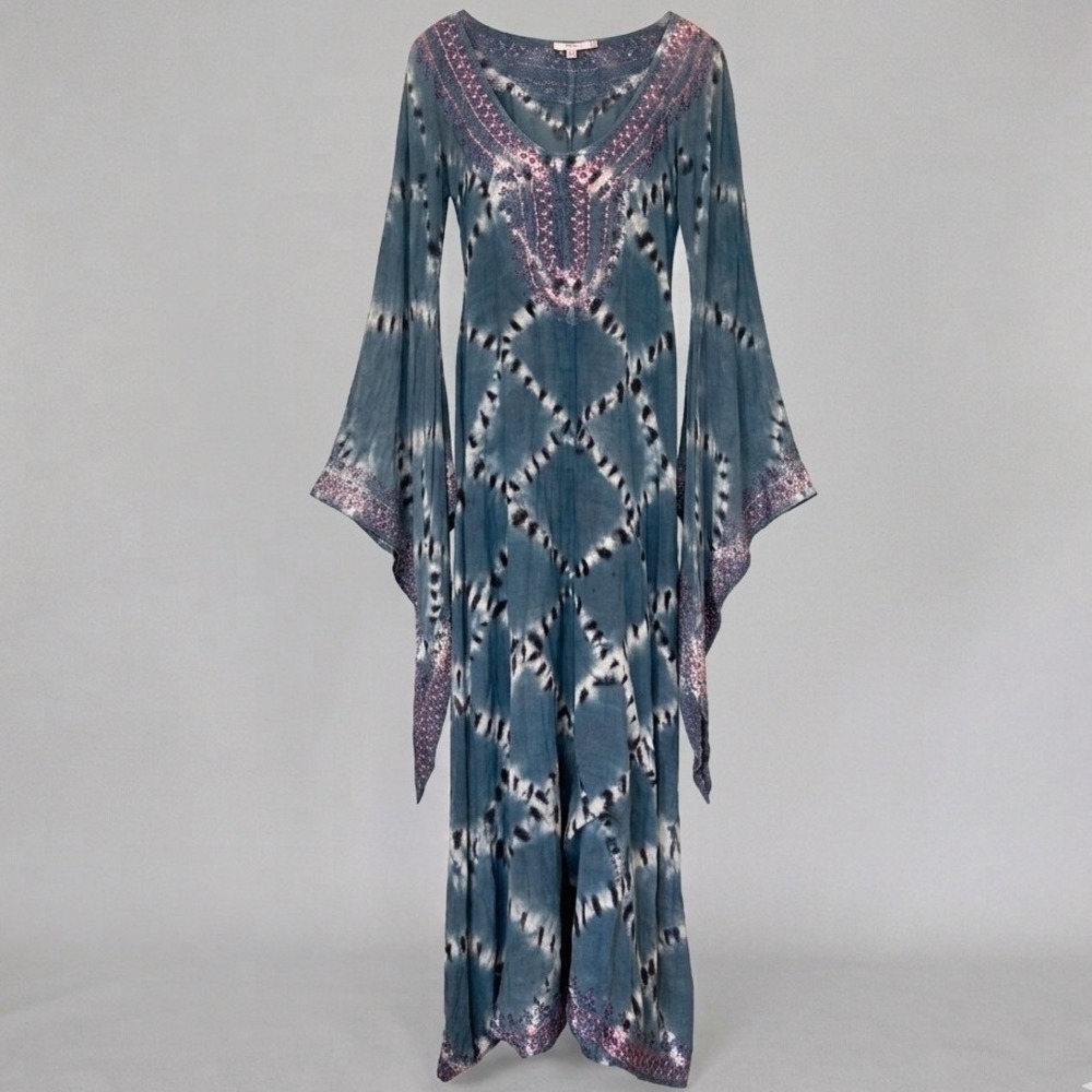 Calypso Cotton Gauze Embroidered Maxi Dress Blue Pink Angel Sleeves Embroidered